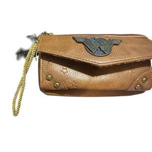 DC Comics tan Wonder Woman Wristlet Wallet with Gold Accents